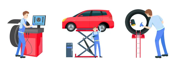 Mekaniker Ett Garage Hjul Och Däckmontering Transport Däckreparation Datoriserad Balansering — Stock vektor