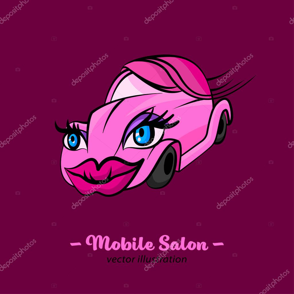 Mobile beauty salon. Auto character with a woman face. Therapy and treatment on wheels. House-call makeup and hairstyle service. Vector illustration in a cartoon style isolated on purple background.