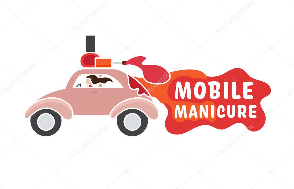 Mobile beauty salon. Manicure in your place. Hands and nail treatment on wheels. House-call pedicure service. Vector illustration in a cartoon style isolated on white background.