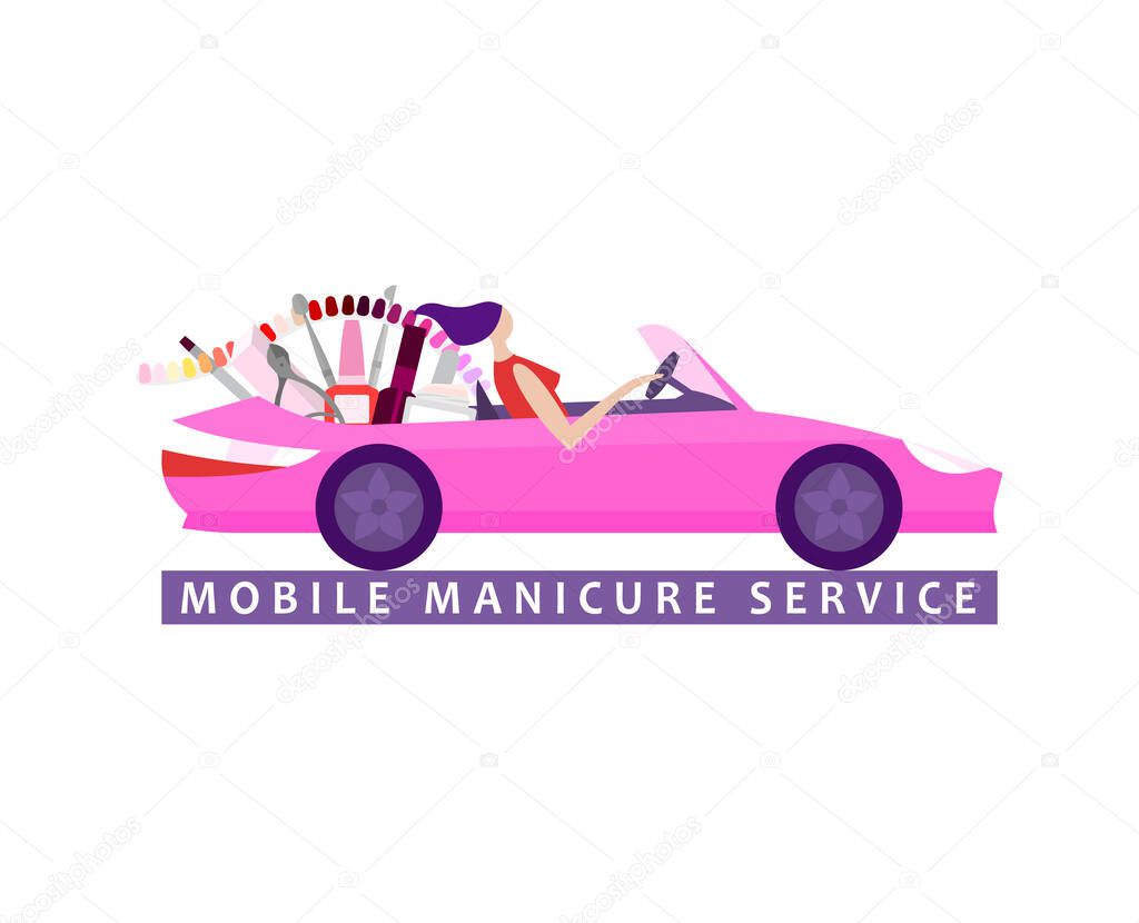 Mobile beauty salon. Manicure in your place. Hands and nail treatment on wheels. House-call pedicure service. Vector illustration in a cartoon style isolated on white background.