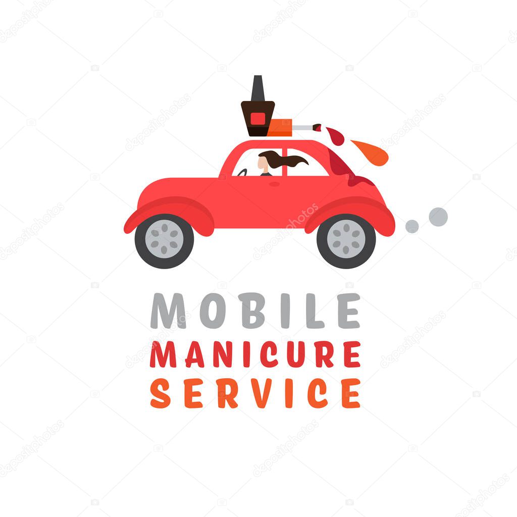 Mobile beauty salon. Manicure in your place. Hands and nail treatment on wheels. House-call pedicure service. Vector illustration in a cartoon style isolated on wight background.