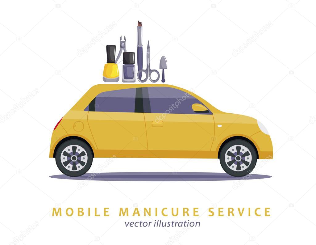Mobile beauty salon. Manicure in your place. Hands and nail treatment on wheels. House-call pedicure service. Vector illustration in a cartoon style isolated on light background.