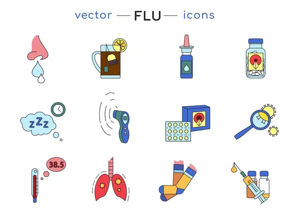 Conjunto de ícones de tratamento de gripe e frio —  Vetores de Stock