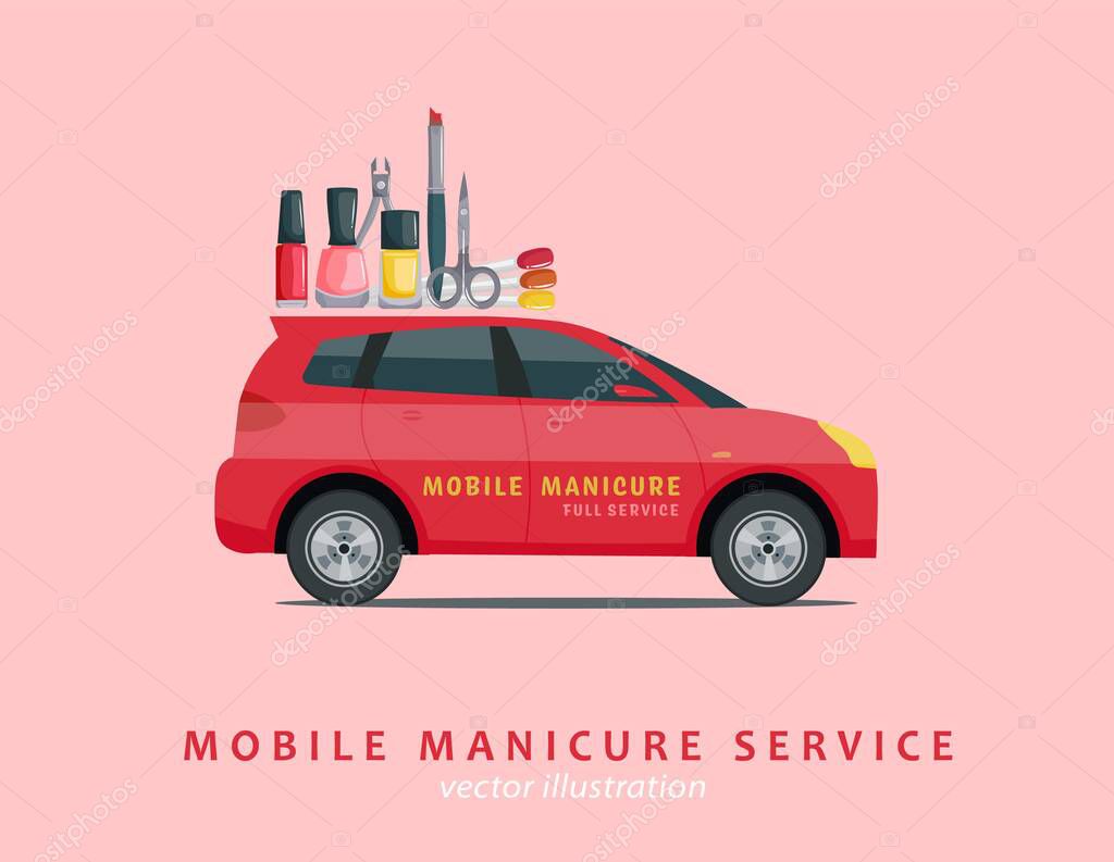 Mobile beauty salon. Manicure in your place. Hands and nail treatment on wheels. House-call pedicure service. Vector illustration in a cartoon style isolated on light background.