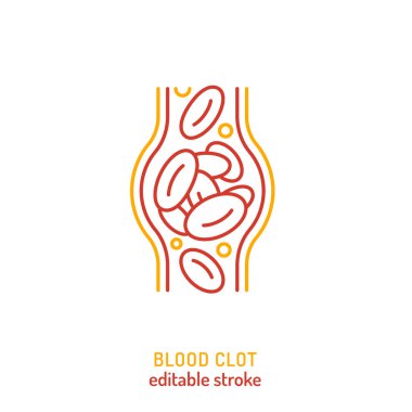 Kan pıhtısı ikonu. Trombositlerle damar tıkanıklığının düzenlenebilir çizimi. Sağlık, anatomi, felç önleme, tromboz farkındalığı ve dolaşım sistemi eğitiminde kullanılır..