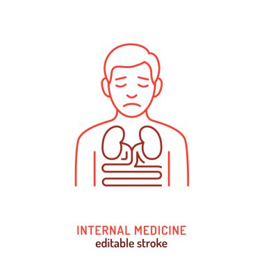 Kalp, bağırsak, monitör ve neşterli iç hastalıkları ikonu. Hastane, klinik teşhisi ve sağlık bilimleri illüstrasyonu için vektör çizelgesi.