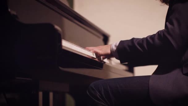 Male Pianist Performing Song Piano Low Light Shallow Depth Field — Stock Video