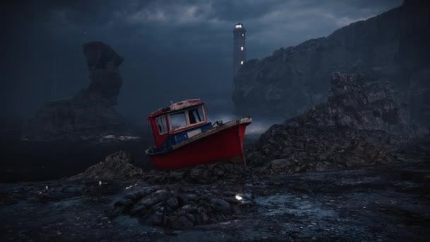 Animatie Rendering Van Vuurtoren Boot Regen Zee Oceaan Mist — Stockvideo
