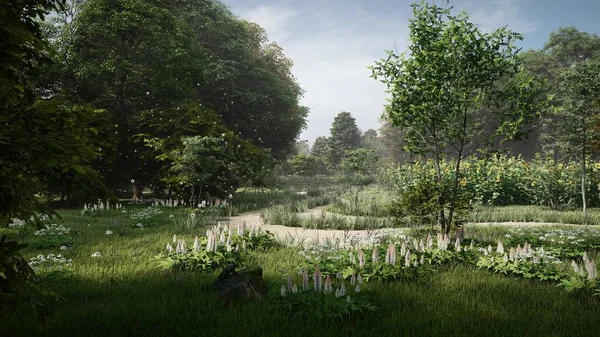 Yaz ormanlarının, yolların, çiçeklerin, ayçiçeklerinin 3D çizimi