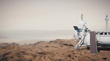 Mars kolonisi. Gezegen 'e keşif gezisi. Mars üssü. 3d canlandırma.