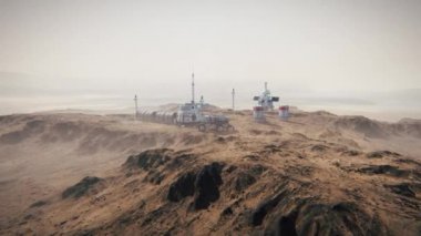 Mars kolonisi. Gezegen 'e keşif gezisi. Mars üssü. 3d canlandırma.
