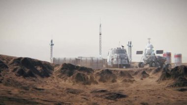 Mars kolonisi. Gezegen 'e keşif gezisi. Mars üssü. 3d canlandırma.