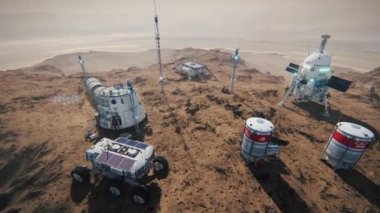 Mars kolonisi. Gezegen 'e keşif gezisi. Mars üssü. 3d canlandırma.