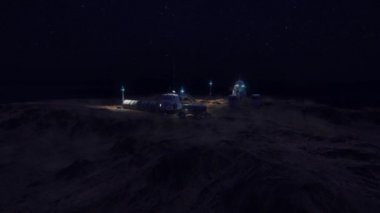 Mars 'ın gece kolonisi. Gezegen 'e keşif gezisi. Mars üssü. 3d canlandırma.