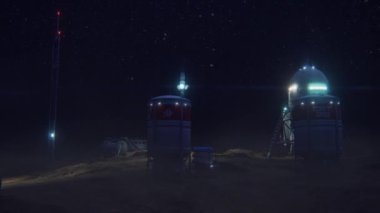 Mars 'ın gece kolonisi. Gezegen 'e keşif gezisi. Mars üssü. 3d canlandırma.