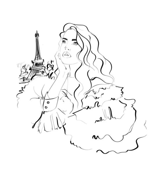 Moda Szkic Ilustracja Dziewczyna Piękno Odizolowany Styl Życia Sen Paryż — Zdjęcie stockowe