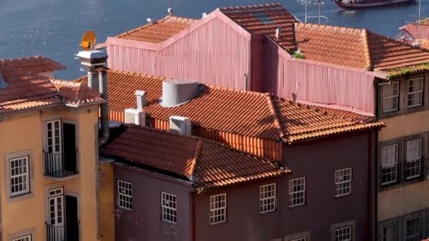 PORTO, PORTUGAL - 26 DE OCTUBRE DE 2019: Casas antiguas, techos típicos, atraque, barco tradicional rabelo va en el río Duero. Pier Gaia al fondo — Vídeo de stock