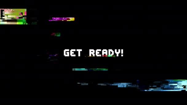 Retro videogame get ready text words on old tv glitch interference screen... New quality universal vintage motion dynamischer animierter hintergrund bunt freudig cool videomaterial — Stockvideo
