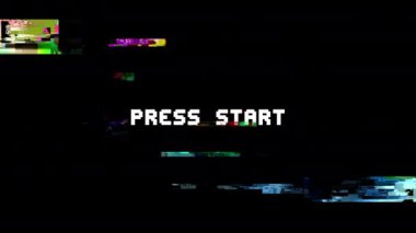 Retro video oyunu presSS START metin bilgisayarı HUD holografik parazit gürültü ekran animasyonsuz döngü