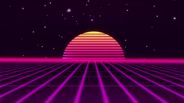 Retro futurista 80s VHS cinta video juego introducción paisaje. Vuelo sobre la rejilla de neón con salida del sol y estrellas. Arcade vintage estilizado ciencia ficción — Vídeo de stock