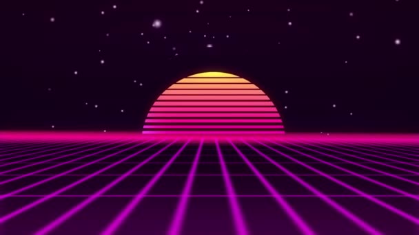 Retro futuristické 80s VHs video hra intro krajina. Letět nad neonovou mřížkou s východem slunce a hvězdami. Arkády vinobraní stylizované sci-fi — Stock video