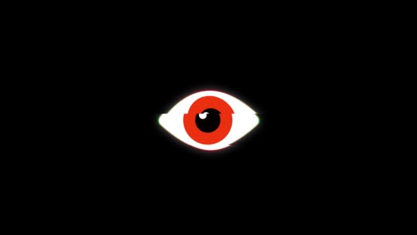Red pixel eye symbol on glitch lcd led screen display background animation seamless loop — Stock Video