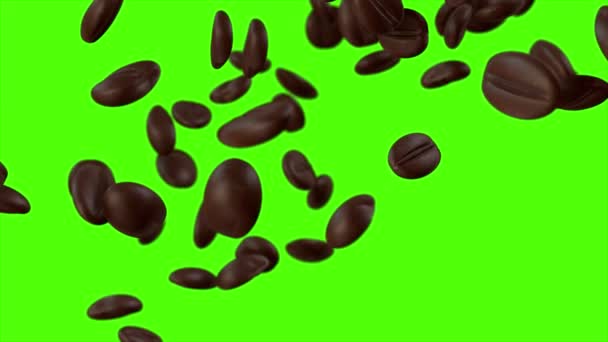 Schöne abstrakte geröstete Kaffeebohnen fallen herunter und füllen den Bildschirm, indem sie Nahaufnahmen in Zeitlupe auf dem grünen Bildschirm machen. 3D-Animation mit Alpha-Matte. — Stockvideo