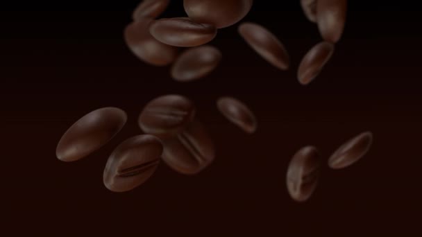 Vackra rostade kaffebönor faller ner närbild i Slow Motion Seamless Cg på Brown Bakgrund. Loopas 3D-animation. Med Dof Blur. — Stockvideo