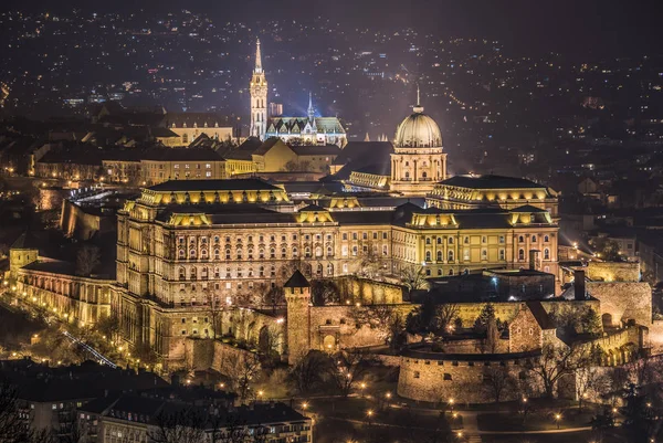 Budai Vár Vagy Királyi Palota Megvilágított Éjszakai Budapest Magyarország — Stock Fotó