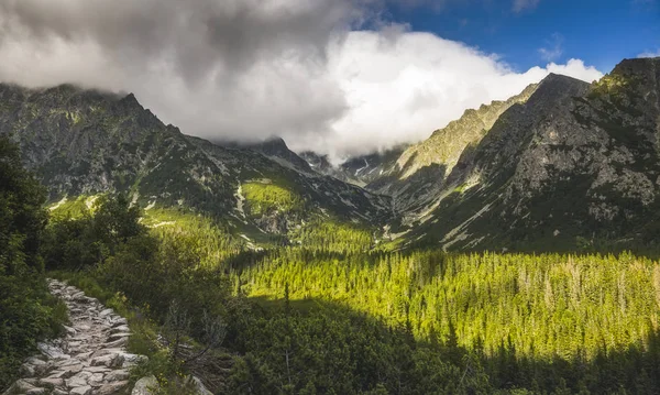 Sunlit Hiking Train Valley Peaks High Tatras Mountains Slovakia — Stock Photo, Image