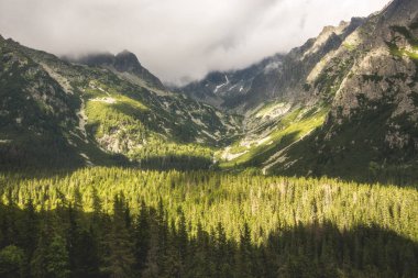 Kısmen güneşli Mengusovska Vadisi ve Slovakya'da Yüksek Tatras Dağları doruklarına