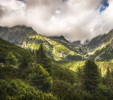 Kısmen güneşli Mengusovska Vadisi ve Slovakya'da Yüksek Tatras Dağları doruklarına