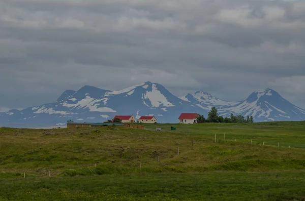Escénicas Casas Rurales Islandia Con Telón Fondo Montaña —  Fotos de Stock