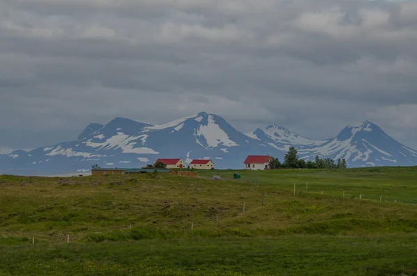 Pittoreske Ijslandse Boerderijen Met Berg Backdrop — Stockfoto