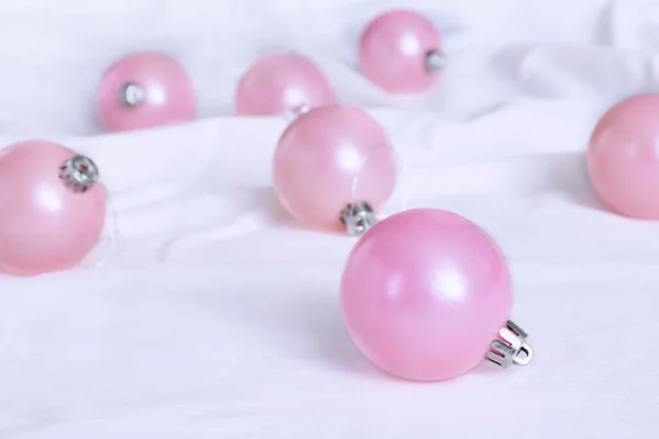 Pink Christmas Tree Balls Bauble White Cloth Christmas Minimal Concept — Stock Photo, Image