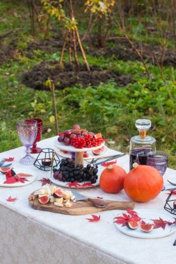 Tahtada peynir tabağı, balkabağı, üzüm, incir, yanan mumlar, renkli bardaklar, şarap şişesi ve kırmızı sonbahar akçaağaç yapraklarıyla dekore edilmiş açık havada duran masa..