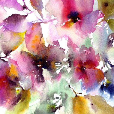 Çiçek arka plan. Mor soyut çiçekler. Pembe çiçekli tebrik kartı. İç boyama. Duvar sanatı. Suluboya çiçekleri.