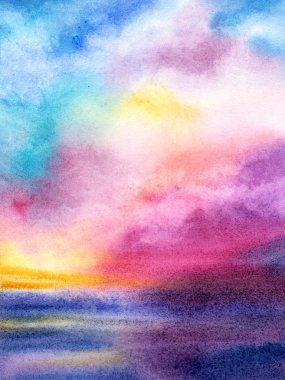 Suluboya arka plan. Deniz ve gökyüzü. Doğa manzara. Pembe ve mavi bulutlar. Boyama, yatay, deniz ve gökyüzü. Cennet. Sunrise, sunset.