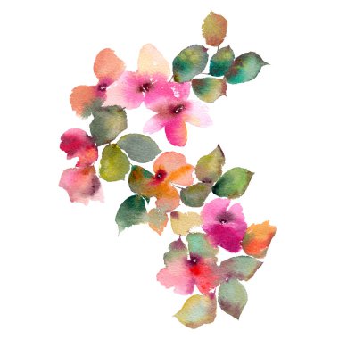 Sulu boya çiçekler. Pembe çiçekli düğün davetiyesi. Çiçek buketi. Resim gül. Çiçek Doğum günü kartı.