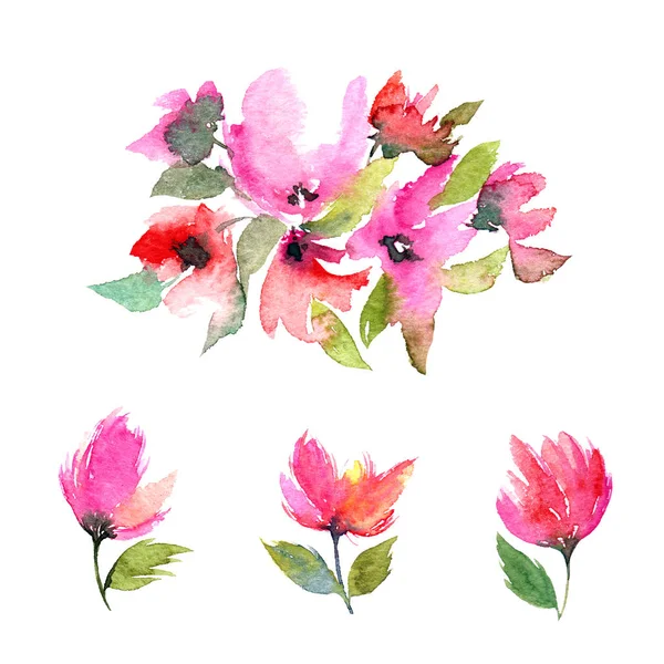 Floral decorative elements. Watercolor flowers. Floral set. Pink and red drawing flowers. Wedding floral decor.