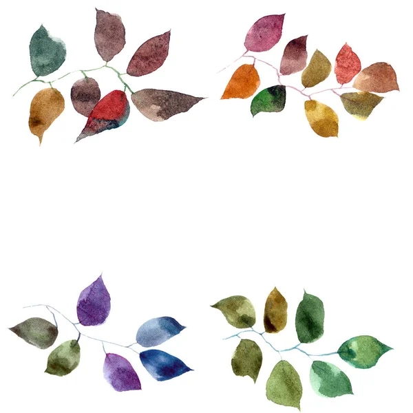 Drawing leaves for decoration. Watercolor colorful leaves. Autumn leaves. Frame with drawing leaves.