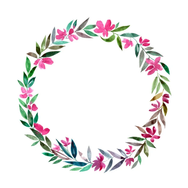 Floral wreath. Watercolor floral frame. Painting floral border. Greeting card with drawing flowers.