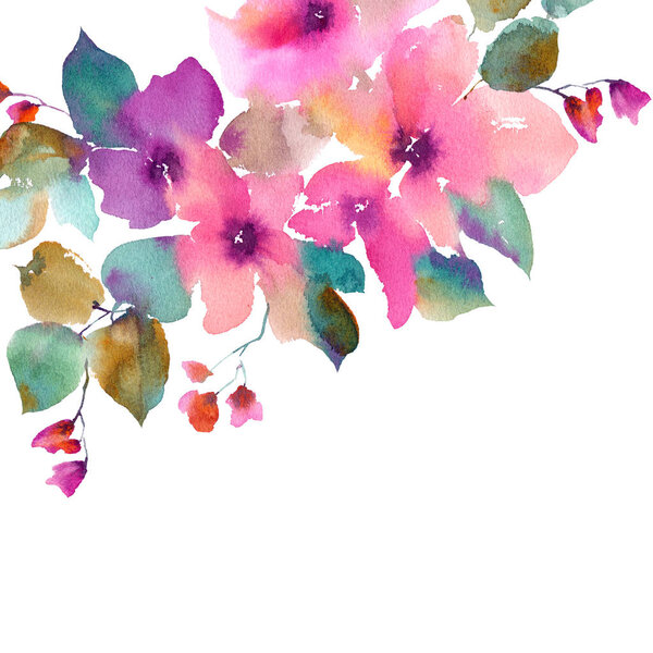 Watercolor flowers. Floral frame. Flowers border. Painting flowers. Pink roses bouquet. Wedding invitation design. Floral greeting card.