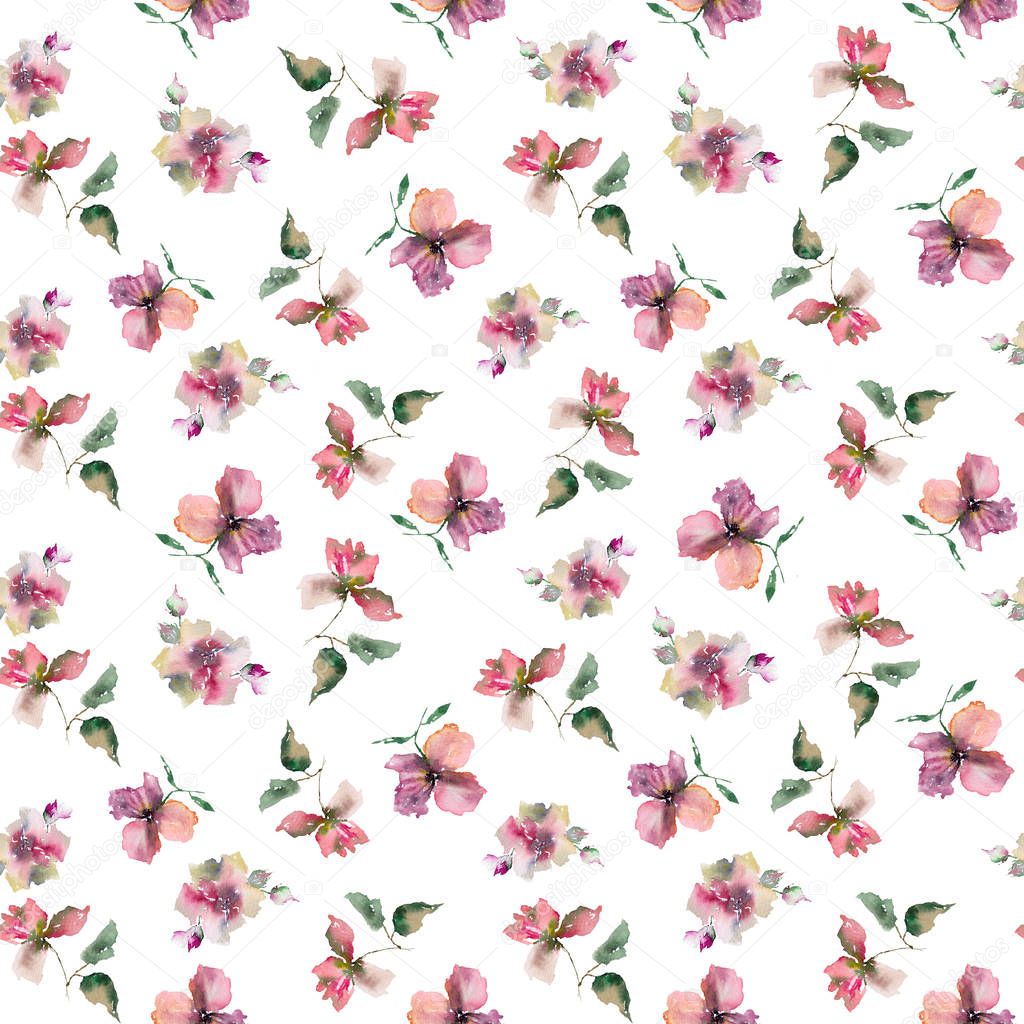 Seamless floral pattern. Watercolor pink roses. Floral background with delicate flowers. Textile floral template.