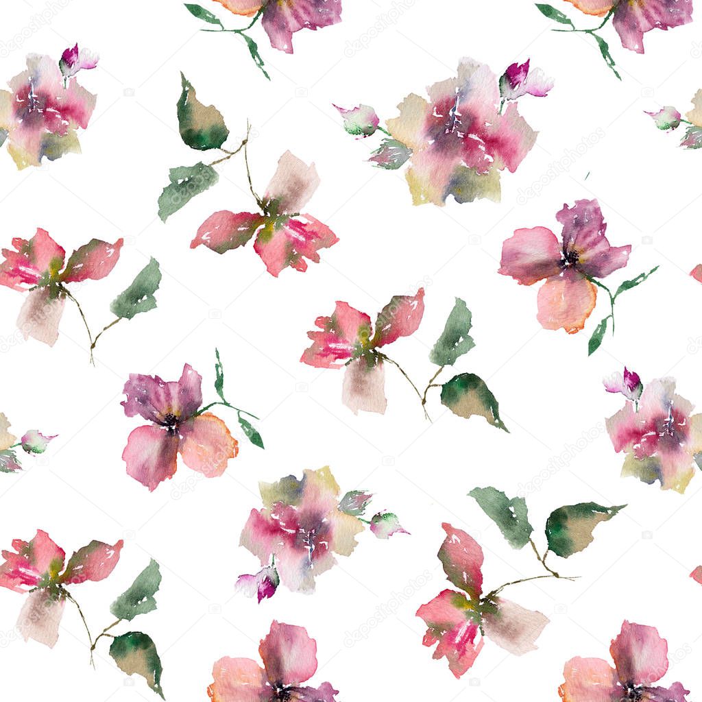 Seamless floral pattern. Watercolor pink roses. Floral background with delicate flowers. Textile floral template.