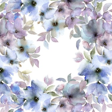 Mavi çiçekli çerçeve. Sakura çiçekler. Çiçek gretting kartı. Suluboya çerçeve çiçek. Çiçek dekor öğesi. 