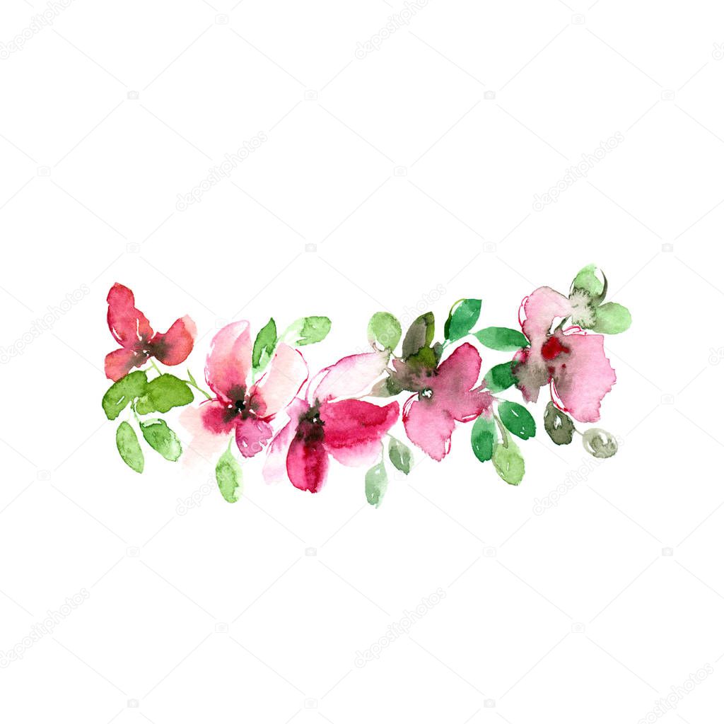 Floral bouquet. Sakura flowers. Floral gretting card. Watercolor flowers. Floral decor element. Cherry blossom drawing.