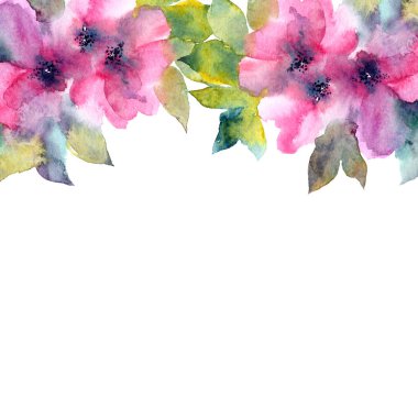 Çerçeve çiçek. Suluboya pembe çiçekler. Çiçek tebrik kartı.