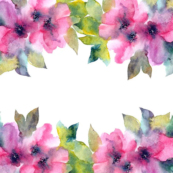Blommig Ram Akvarell Rosa Blommor Blommig Gratulationskort — Stockfoto