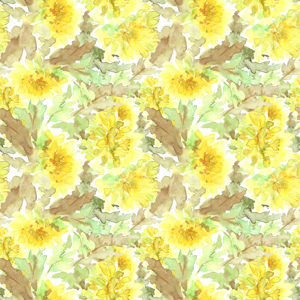Seamless floral background. Fabric floral pattern. Dandelions. Textile pattern template. Yellow flowers. Watercolor floral background. Wedding invitation design.
